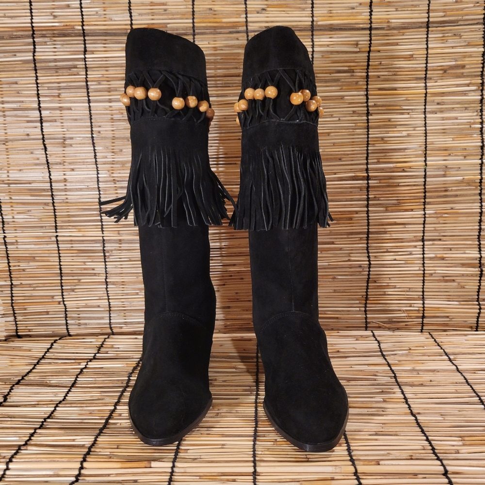 A. J. VALENCI Black Suede Fringe Beads Boots Almond Toe Stacked Heel